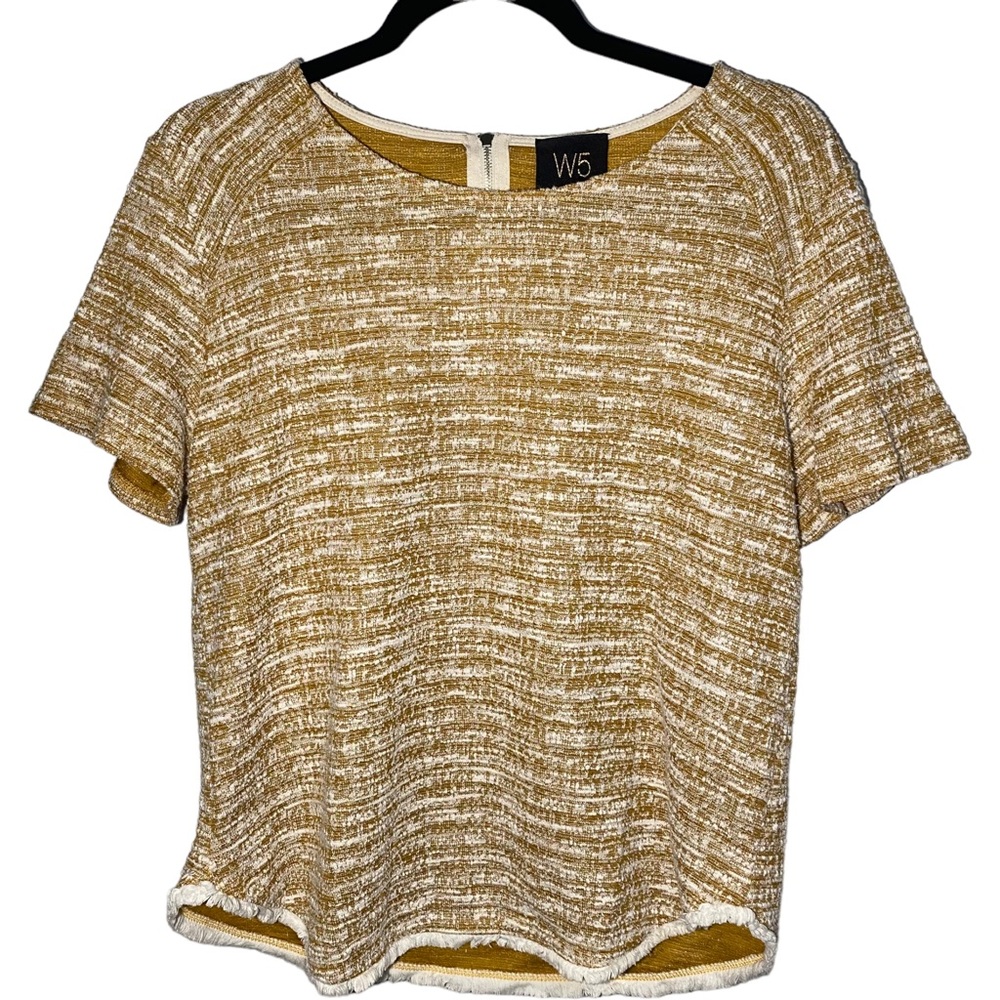 W5 Womens Medium Tweed Short Sleeve Blouse in Yellow Gold Cream